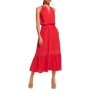 Ramy Brook Carmen Flame Red Sleeveless Tiered Midi Dress Elastic Waist Medium